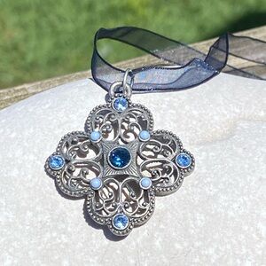 Victorian style blue ribbon necklace 15.5” long